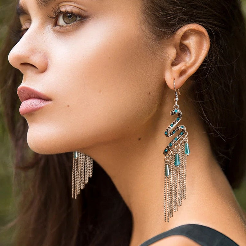 Bohemian Ethnic Silver Color Long Hanging Dangle Earrings