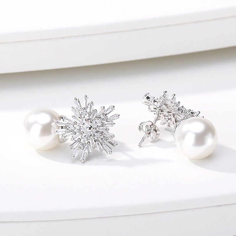 Snowflake Crystal White Pearl Earrings