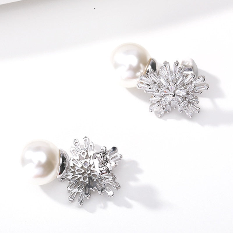 Snowflake Crystal White Pearl Earrings