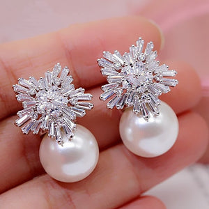 Snowflake Crystal White Pearl Earrings