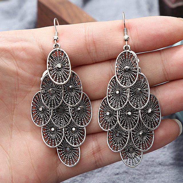 Bohemian Ethnic Silver Color Long Hanging Dangle Earrings