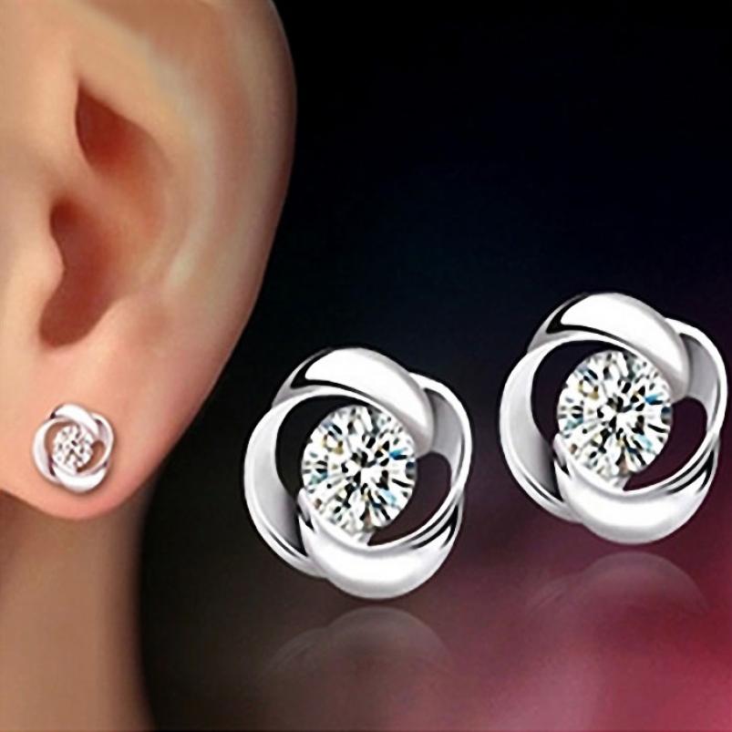 Sterling Silver Crystal Shiny Ear Stud Earrings