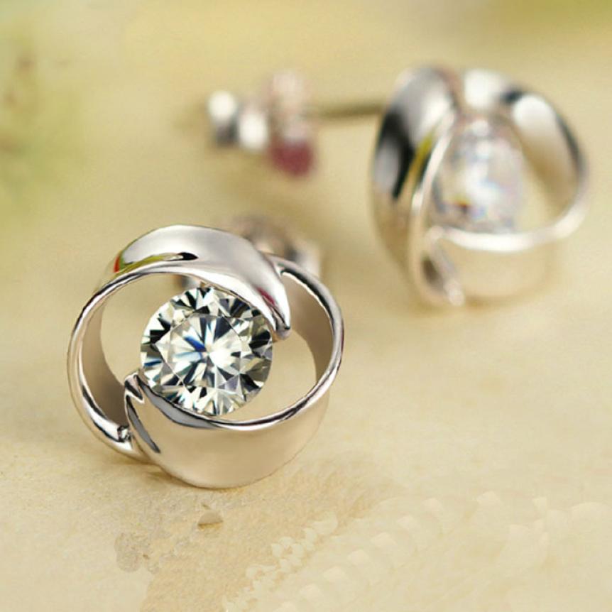 Sterling Silver Crystal Shiny Ear Stud Earrings